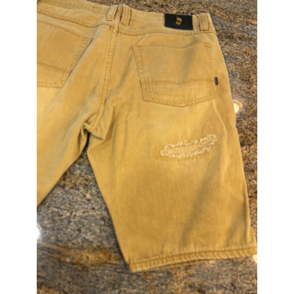 Makobi Mens 38 Distressed Biker Moto Denim Shorts Mustard Yellow Zippers - Picture 9 of 12